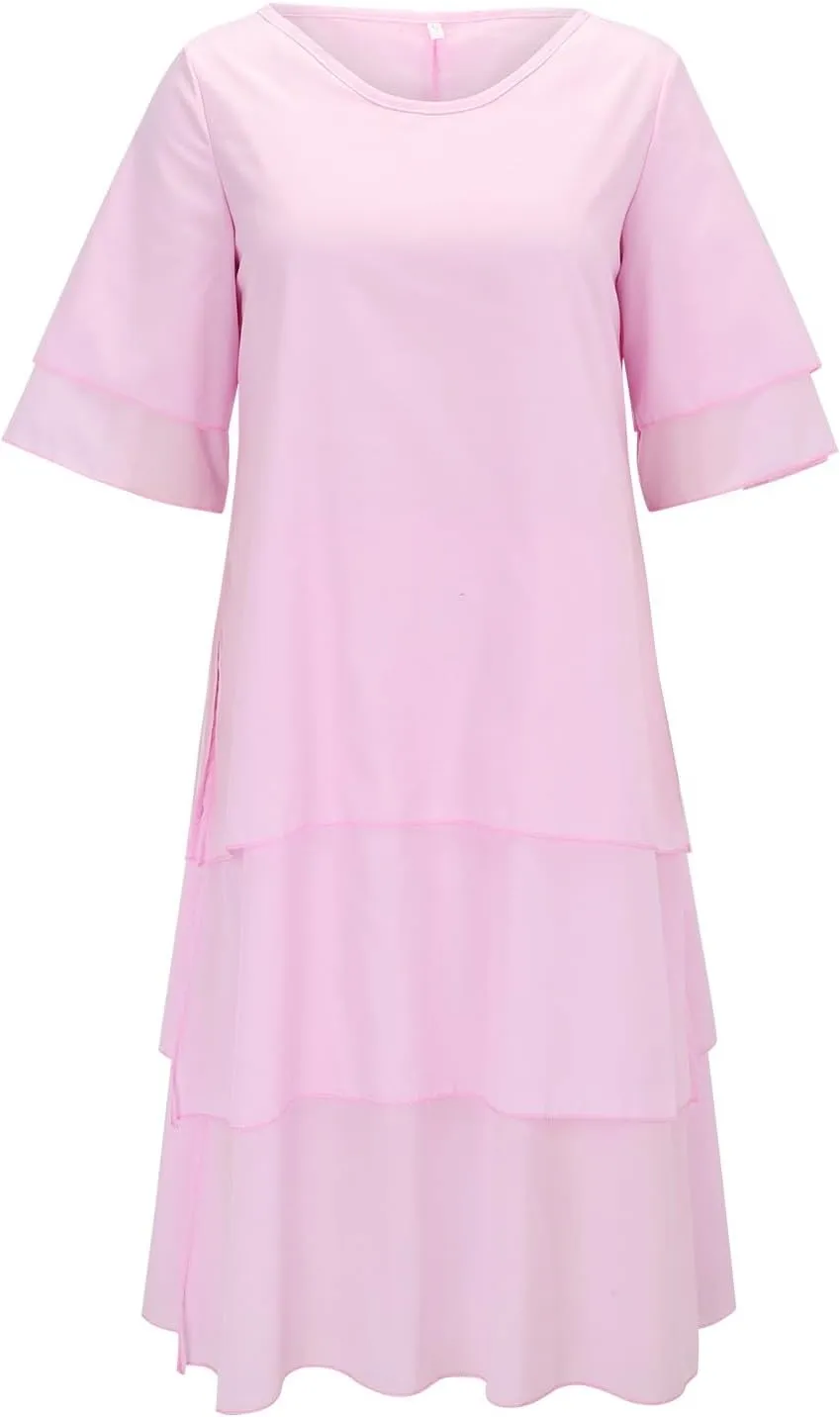 Women's Linen Dresses Layered Short Sleeve Crew Neck Dresses Loose Fit Long Dresses Summer Irregular Flowy Boho Dress