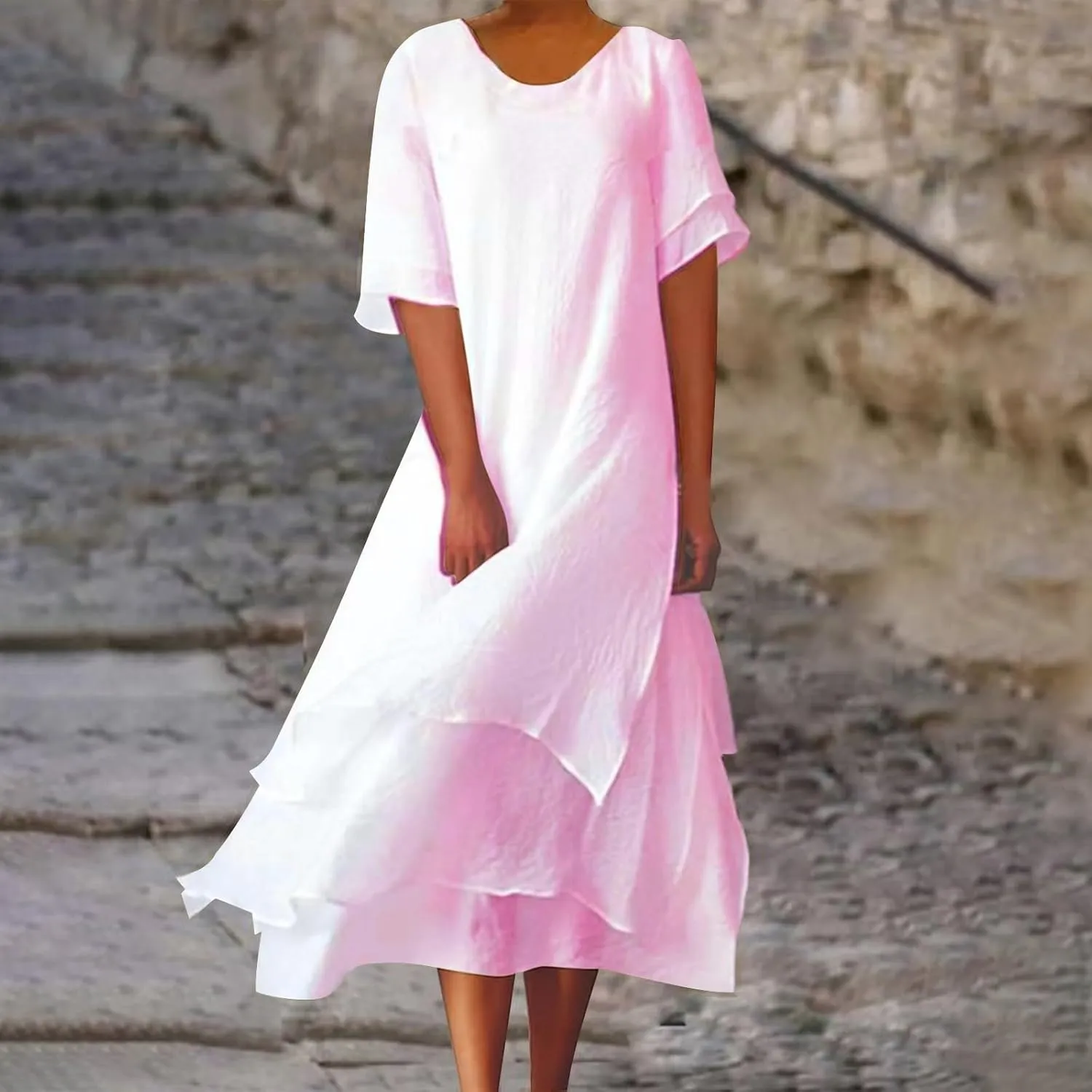 Women's Linen Dresses Layered Short Sleeve Crew Neck Dresses Loose Fit Long Dresses Summer Irregular Flowy Boho Dress