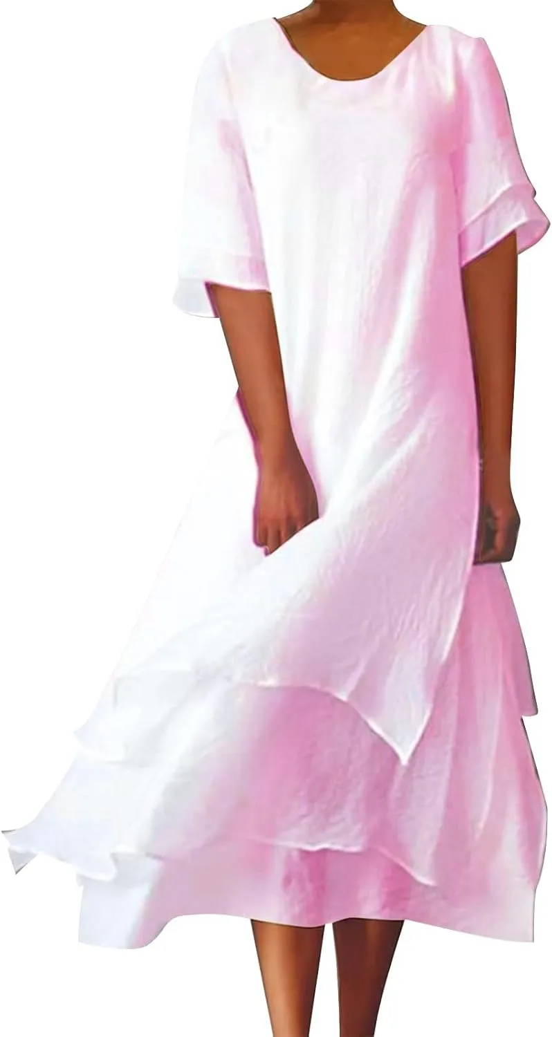 Women's Linen Dresses Layered Short Sleeve Crew Neck Dresses Loose Fit Long Dresses Summer Irregular Flowy Boho Dress