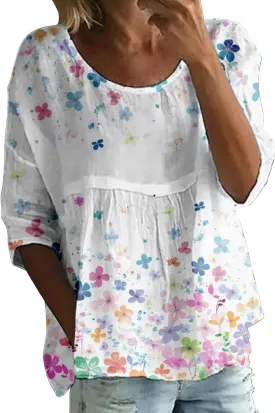 Womens Peasant Boho Tunic Tops 2025 3/4 Length Sleeve Casual Floral Print Loose Fit Summer Flowy Babydoll Blouses