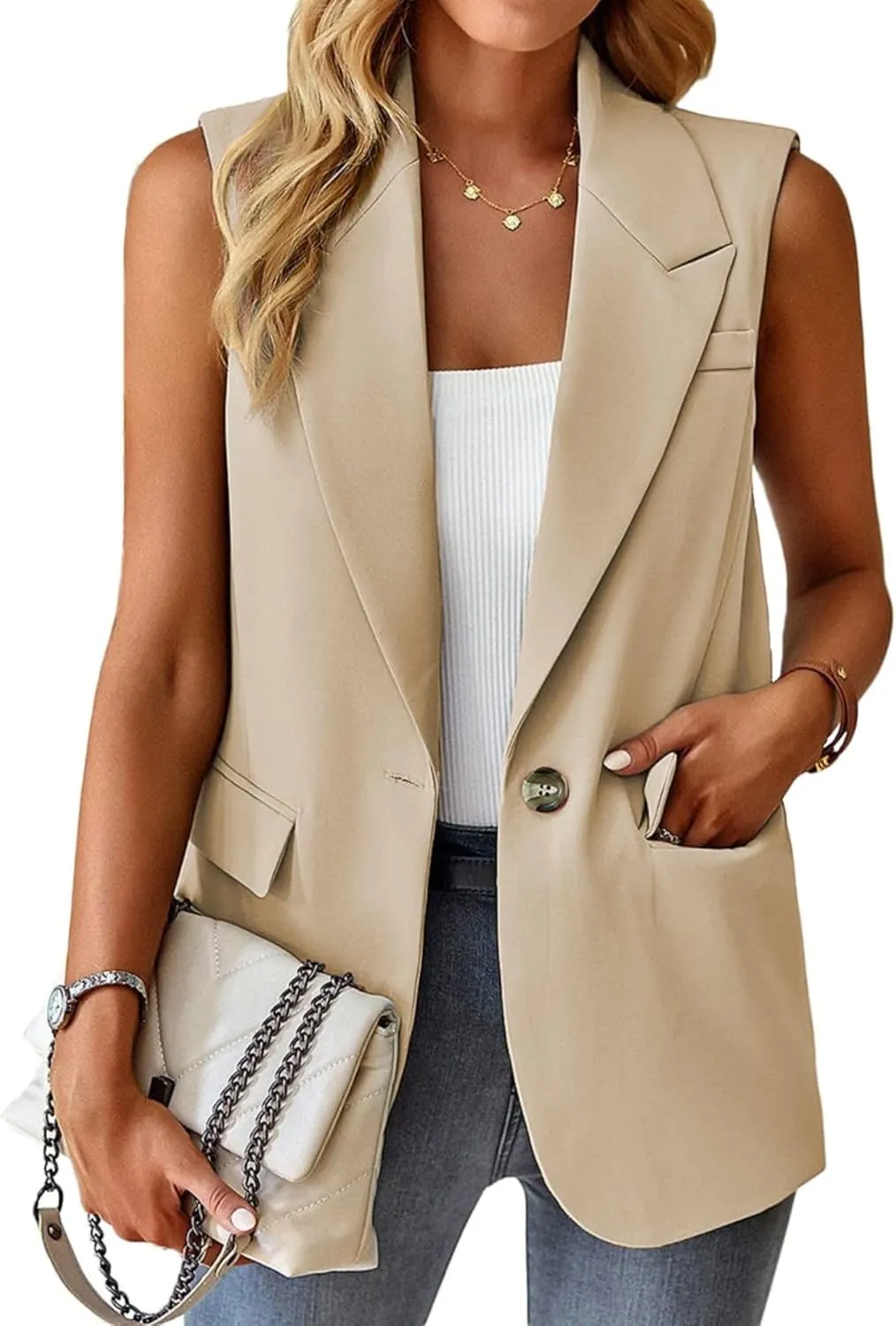 Women's Sleeveless Cardigans Vest Open Front Blazer Jackets Dressy Casual Duster Trench Vests Lapel Office Blazers