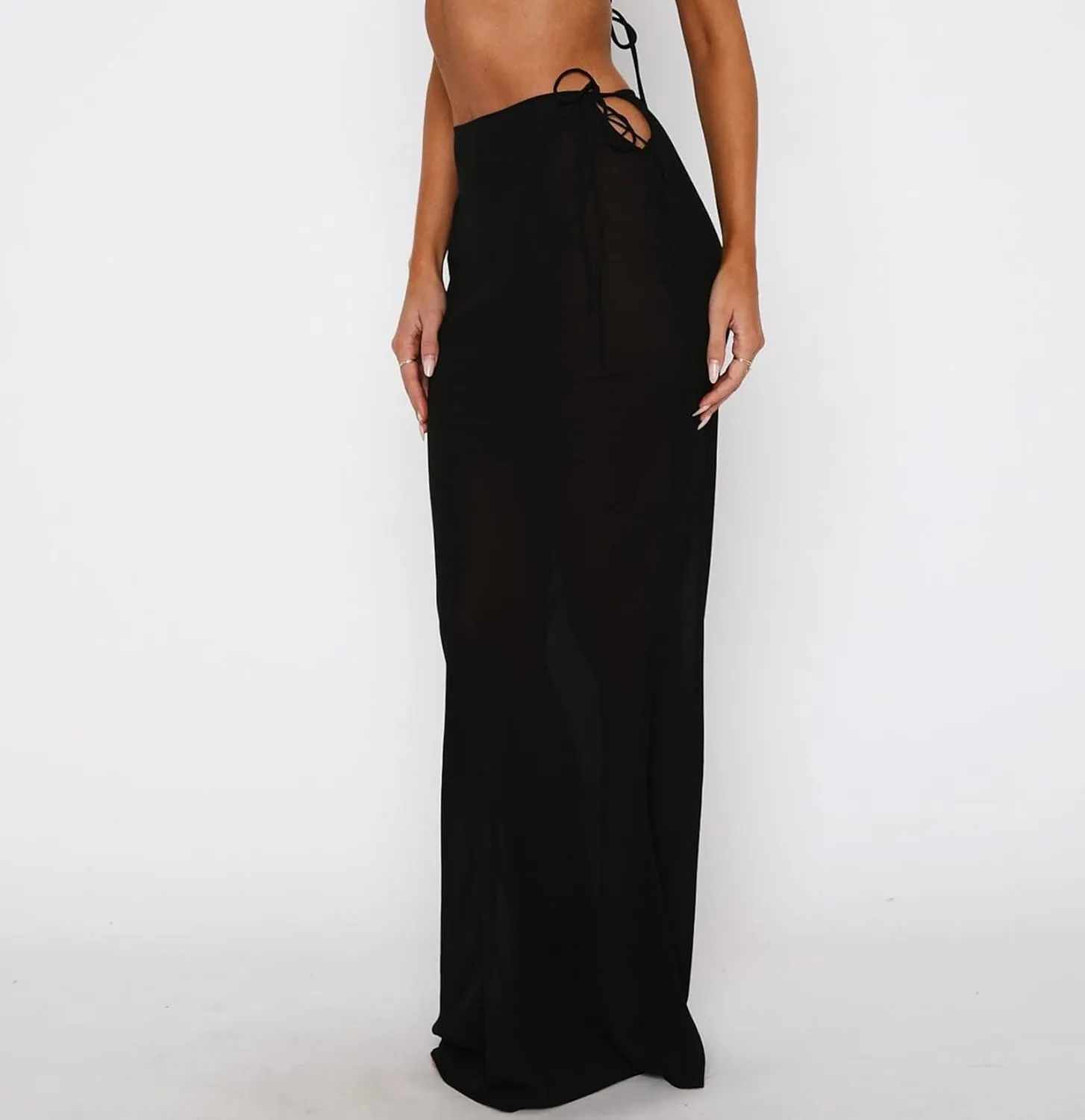 Women's Y2K Sheer Mesh Long Maxi Skirts Mid Waisted Cover Up See-Through Summer Skirts Beach Flowy Tulle Skirts